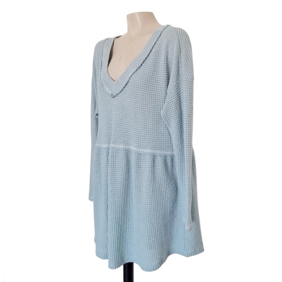 Waffle Knit V Neck Peplum Lake Blue XL Loose Casual - Picture 3 of 5